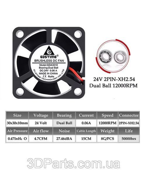 Вентилятор осьовий (кулер) 3010, 24 В, GDA3010, Dual Ball, GDSTime VNT.FNAX.3010.24.GDS фото