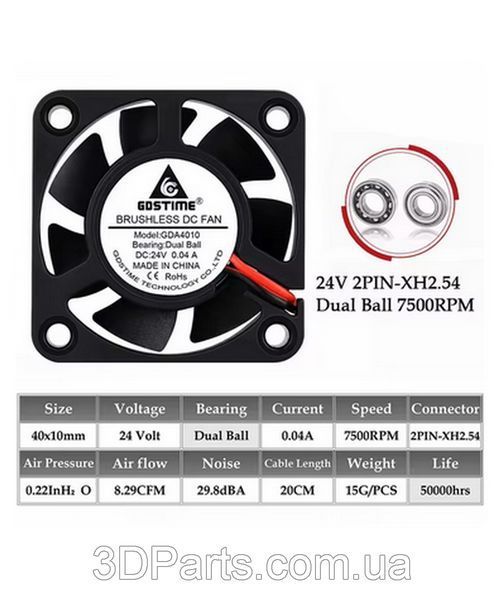 Вентилятор осьовий (кулер) 4010, 24 В, GDA4010, 7500RPM, Dual Ball, GDSTime VNT.FNAX.4010.24.7500.GDS фото
