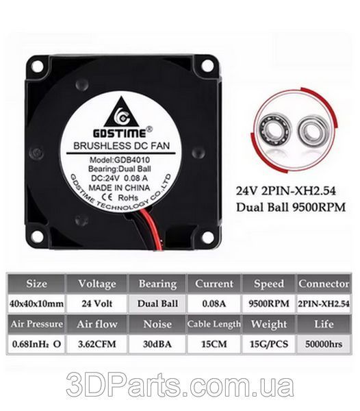 Вентилятор центробіжний (турбіна) 4010, 24 В, 9500RPM, GDB4010, Dual Ball, GDSTime VNT.FNCN.4010.24.9500.GDS фото