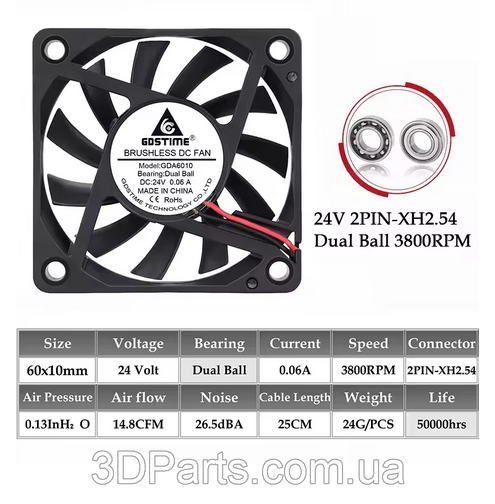 Вентилятор осьовий (кулер) 6010, 24 В, GDA6010, Dual Ball, GDSTime VNT.FNAX.6010.24.GDS фото