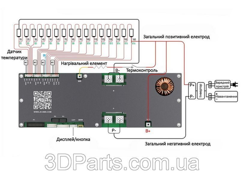 BMS JK-PB2A16S-20P (V19) &mdash; Smart BMS 200A, активний балансир 2A, CAN/RS485/Bluetooth, 8S-16S LiFePO4 EL.BLCKUT.JK.PB2A16S.20P фото