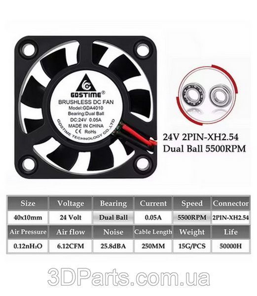 Вентилятор осьовий (кулер) 4010, 24 В, GDA4010, 5500RPM, Dual Ball, GDSTime VNT.FNAX.4010.24.5500.GDS фото